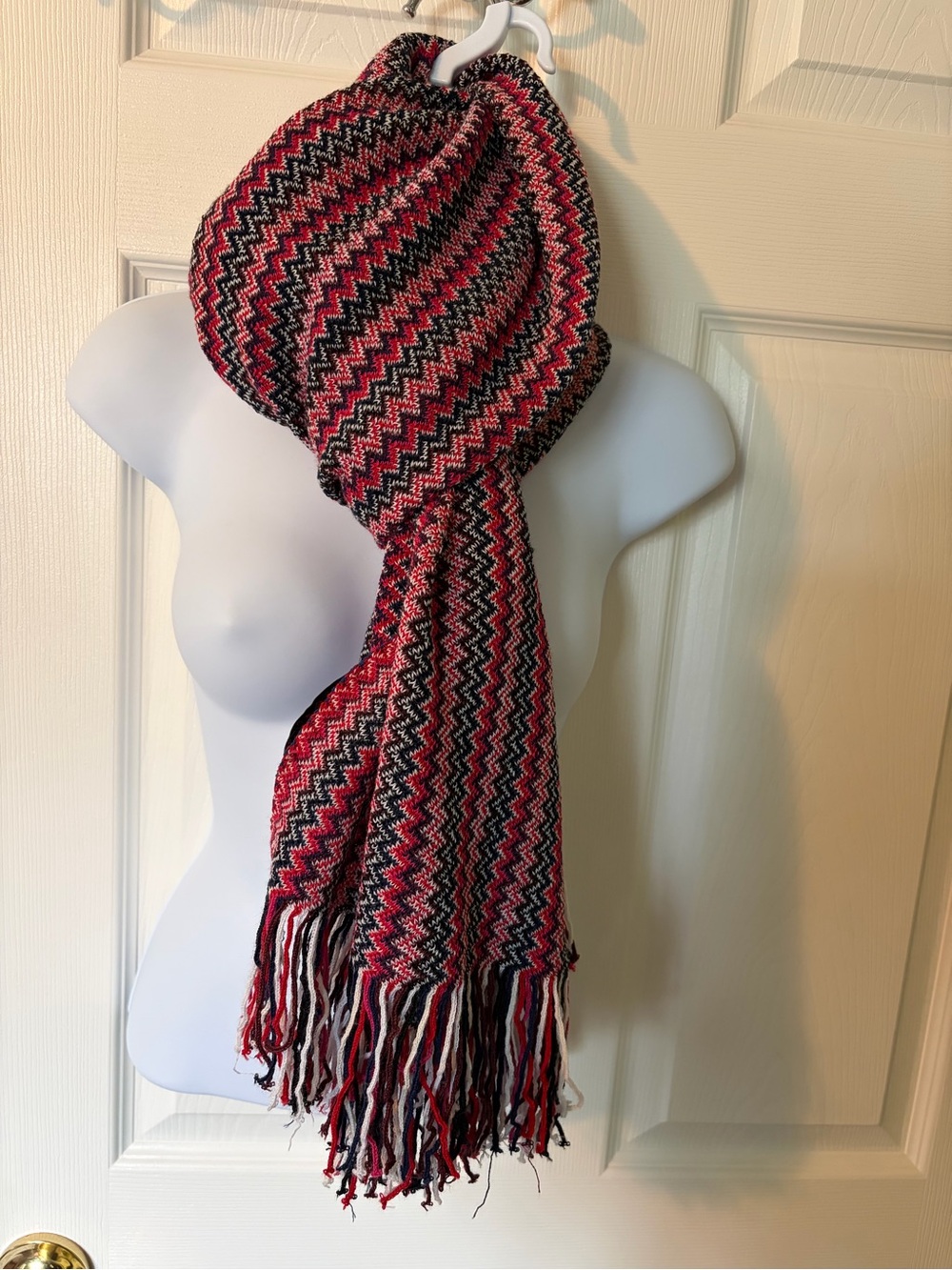 Missoni Red Black Cream Chevron Knit Scarf with Fringe
